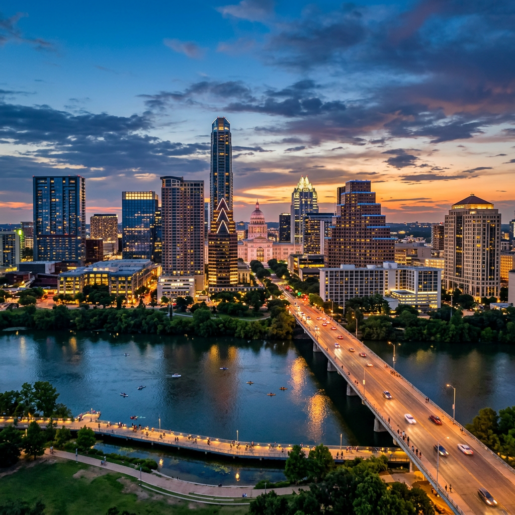 Austin Texas city skyline with illuminated buildings and a bridge over the Colorado River at dusk